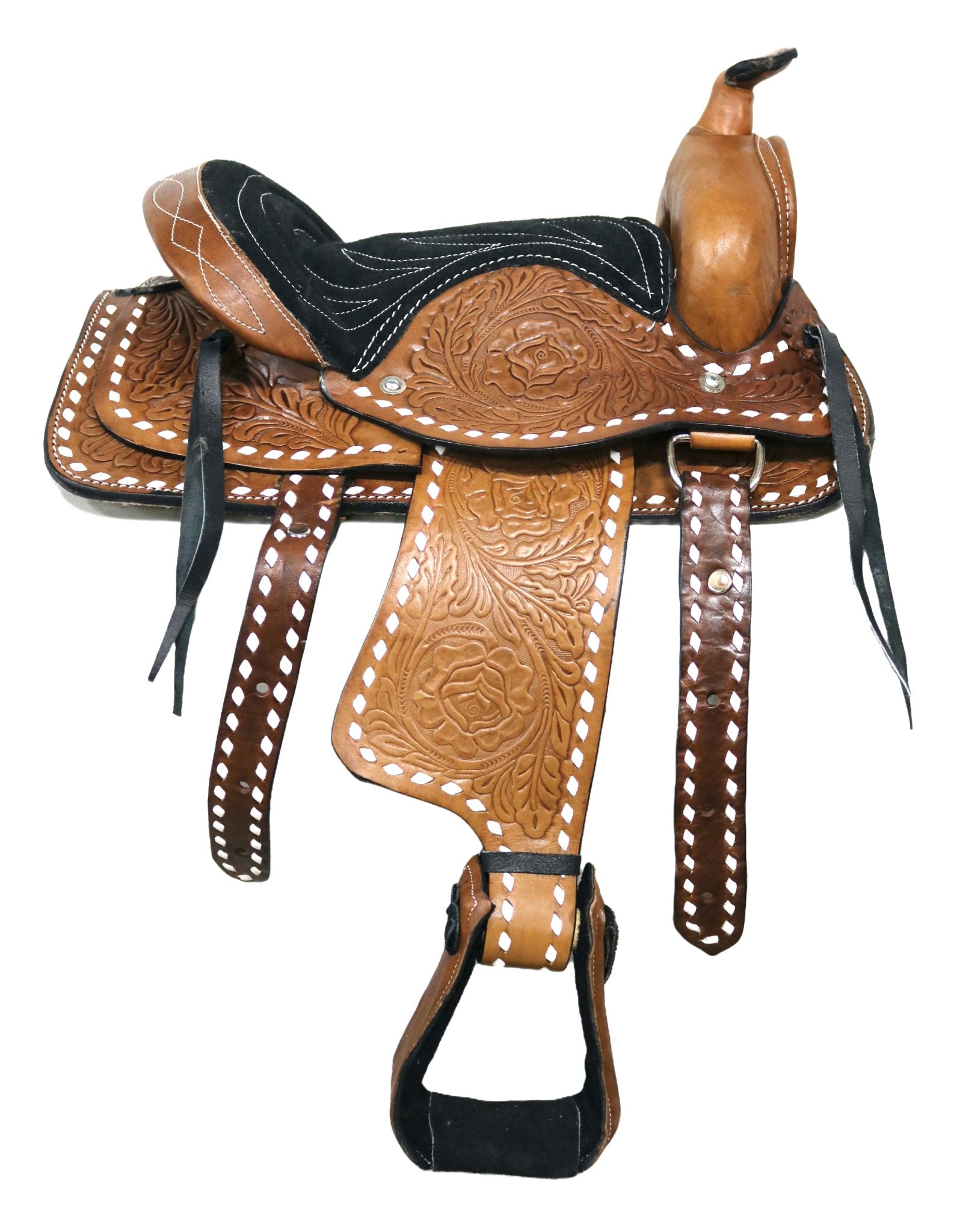 10" Pony Brown Buckaroo Buckstitch Laced Cowboy Saddle - M - Royal Saddles - Mini/Pony Saddles