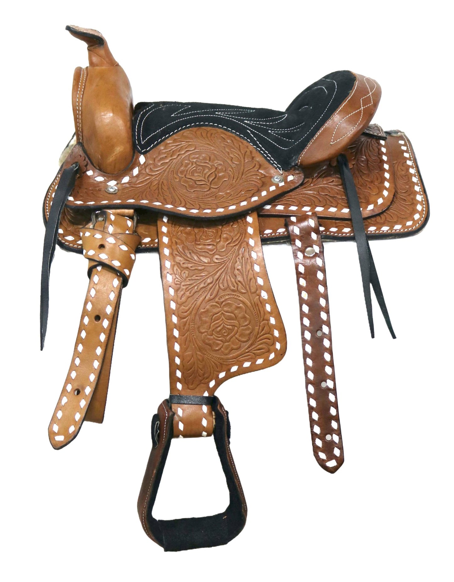 10" Pony Brown Buckaroo Buckstitch Laced Cowboy Saddle - M - Royal Saddles - Mini/Pony Saddles