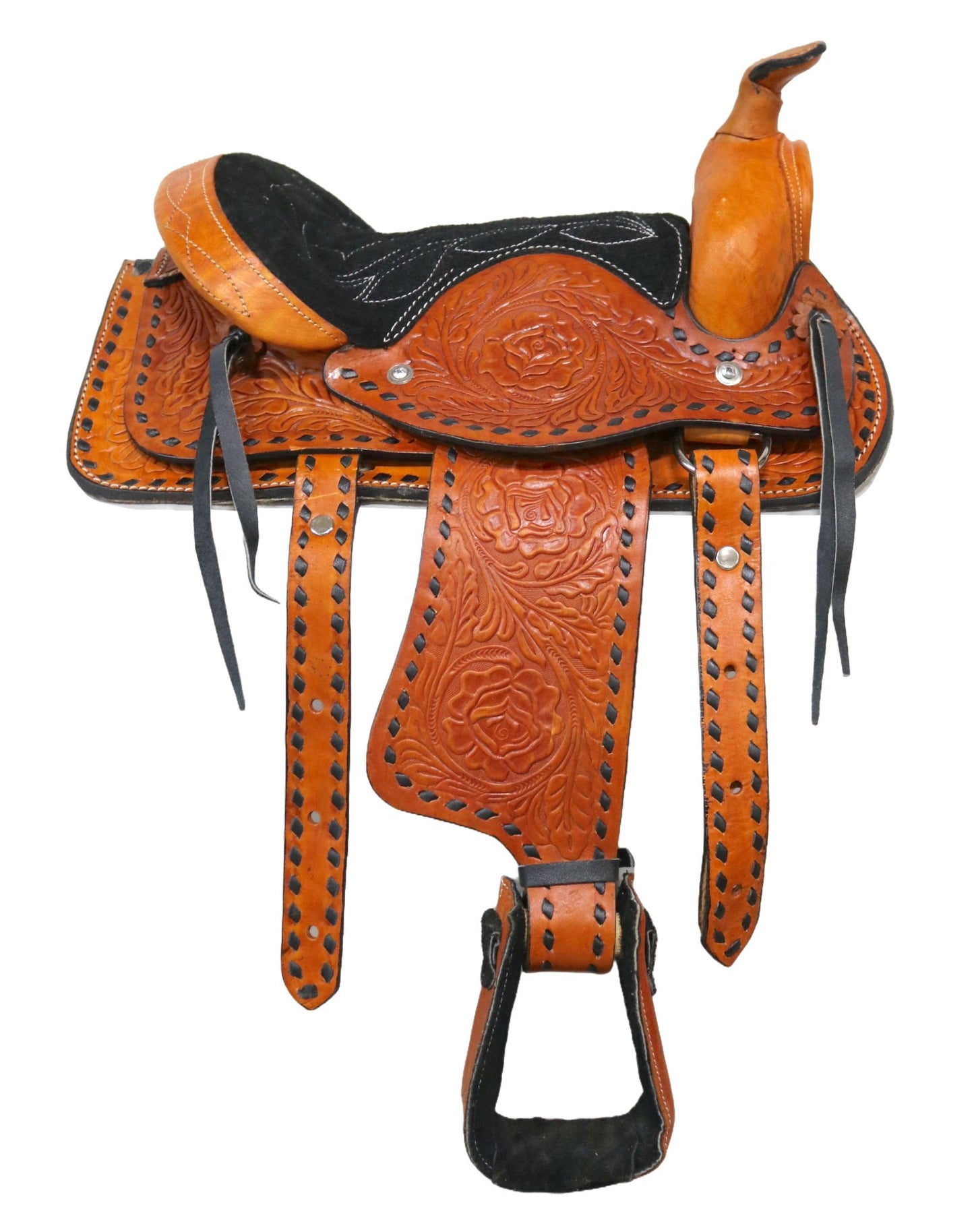 10" Tan Kids Pony Buckaroo Buckstitch Laced Cowboy Saddle - M - Royal Saddles - Mini/Pony Saddles