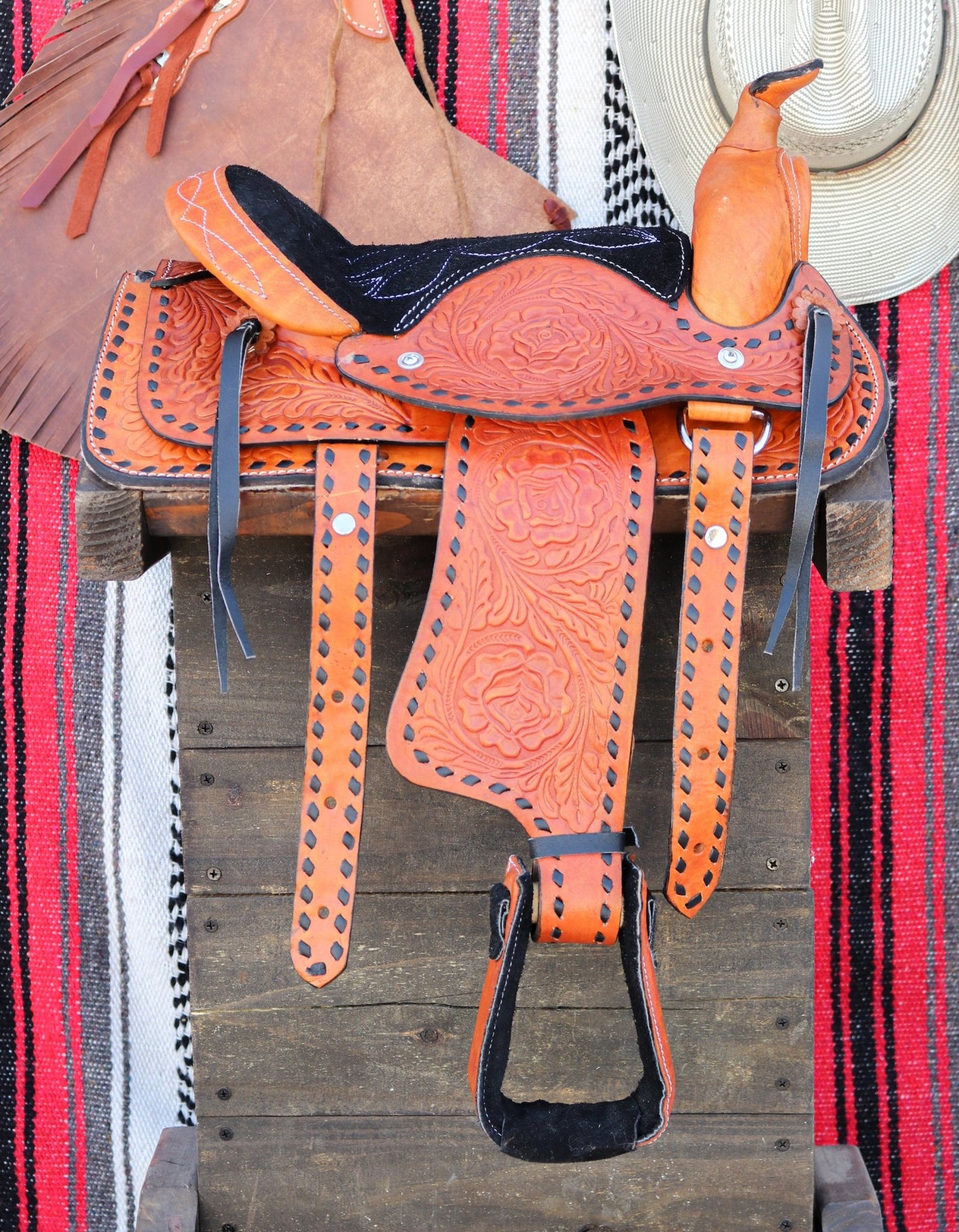 10" Tan Kids Pony Buckaroo Buckstitch Laced Cowboy Saddle - M - Royal Saddles - Mini/Pony Saddles