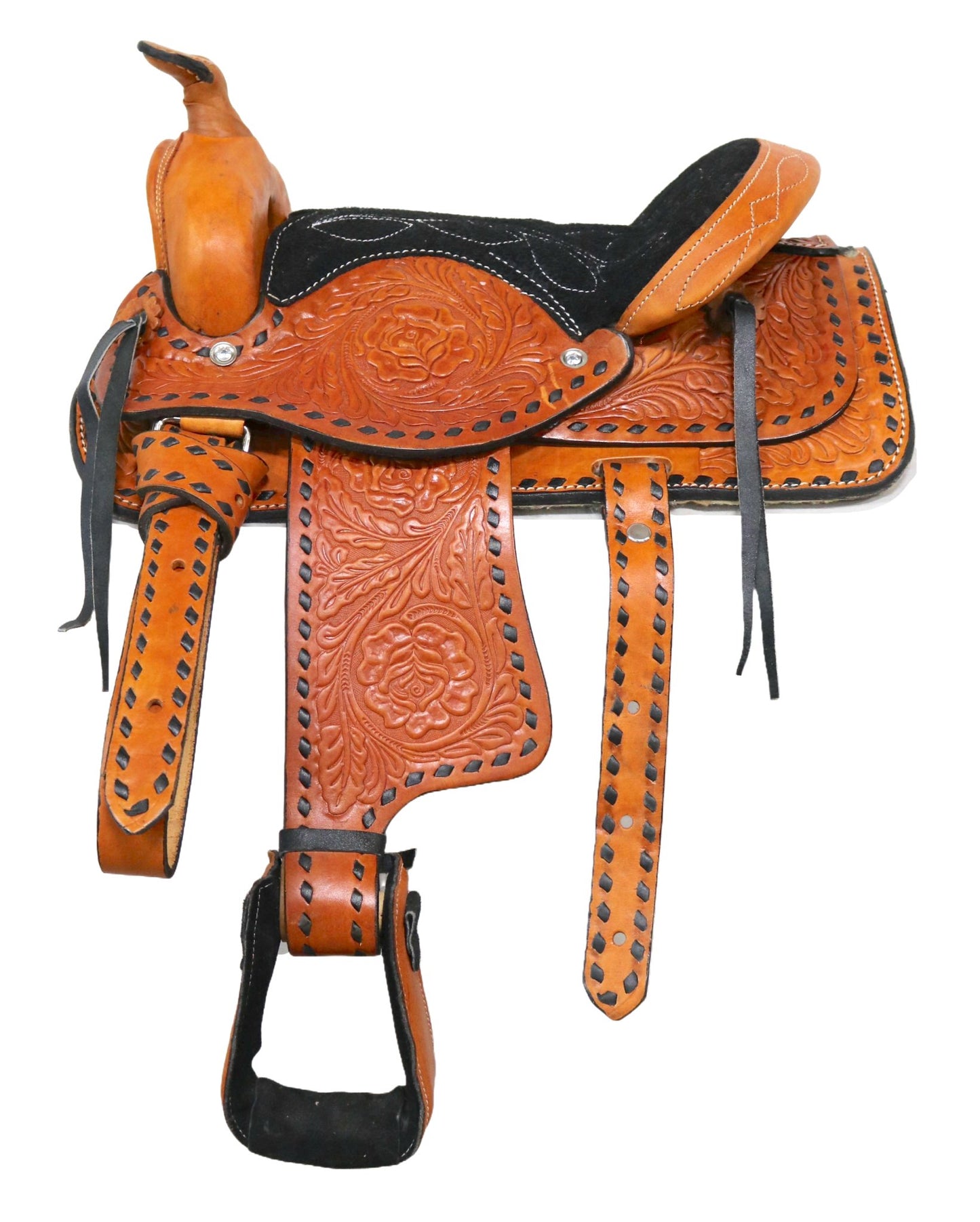 10" Tan Kids Pony Buckaroo Buckstitch Laced Cowboy Saddle - M - Royal Saddles - Mini/Pony Saddles