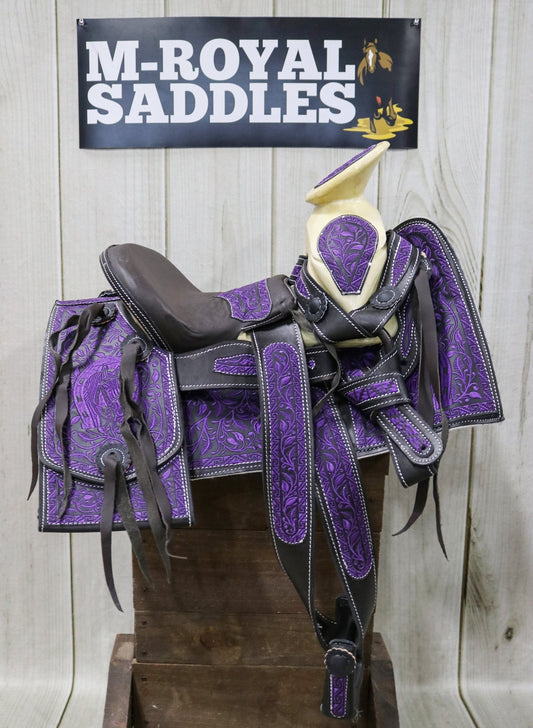 11" Nina Child Kid Embroidered Pony Charro Saddle - M - Royal Saddles - Mini/Pony Saddles