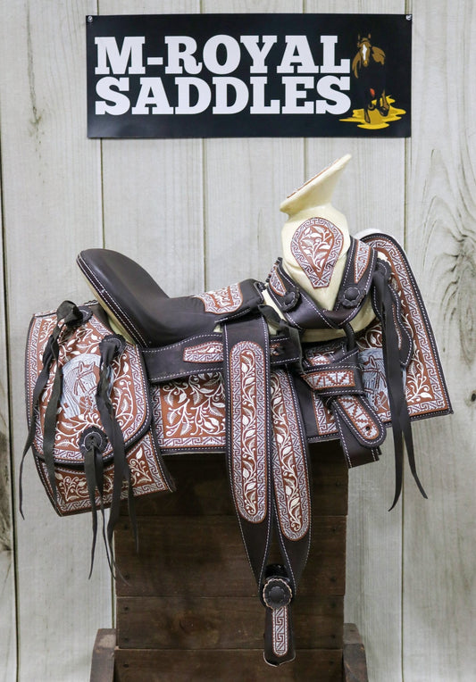 12" Nino Child Kid Embroidered Pony Charro Leather Saddle - M - Royal Saddles - Mini/Pony Saddles