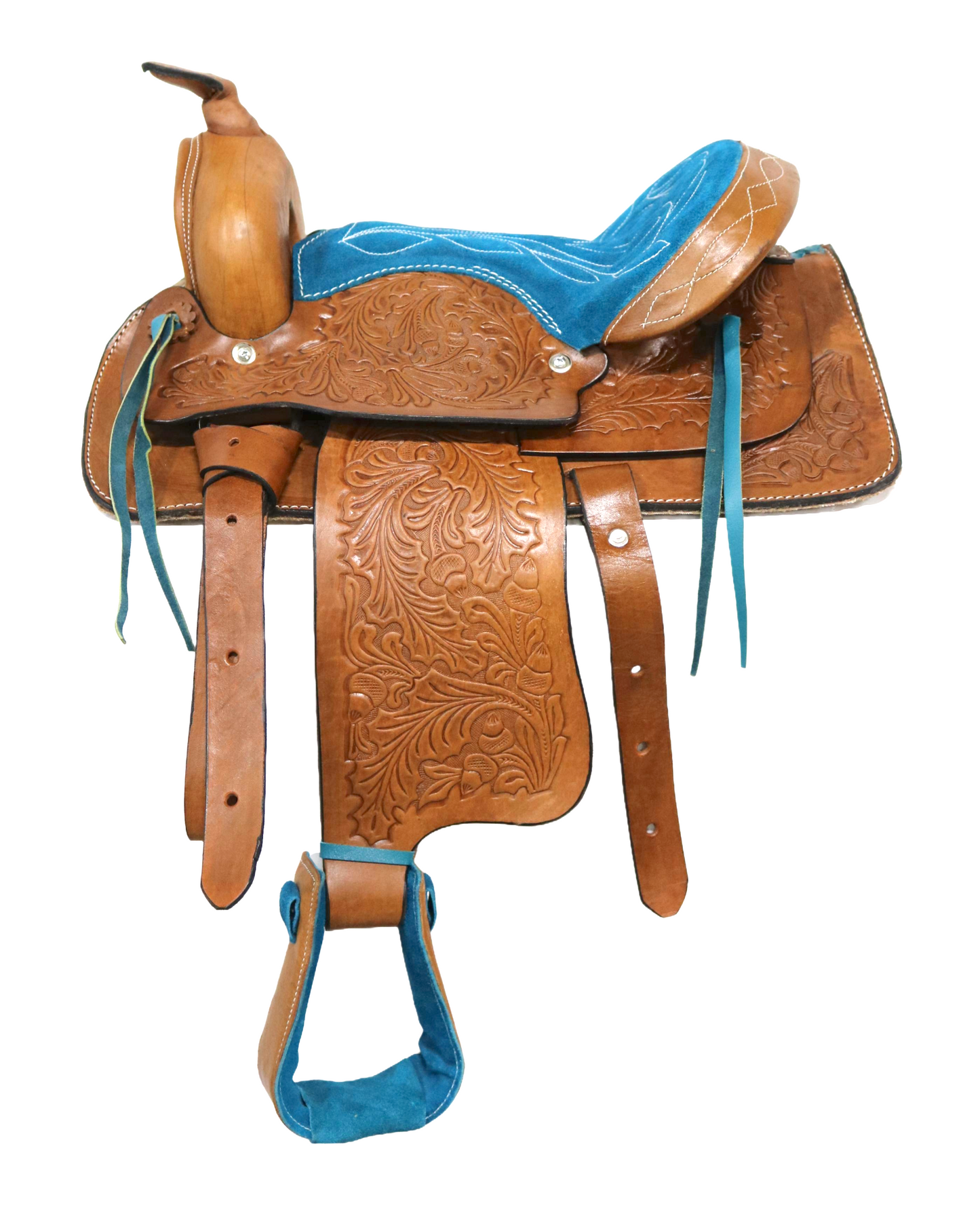 12" Kids Blue Turquoise Youth Pleasure Leather Mini Pony Saddle