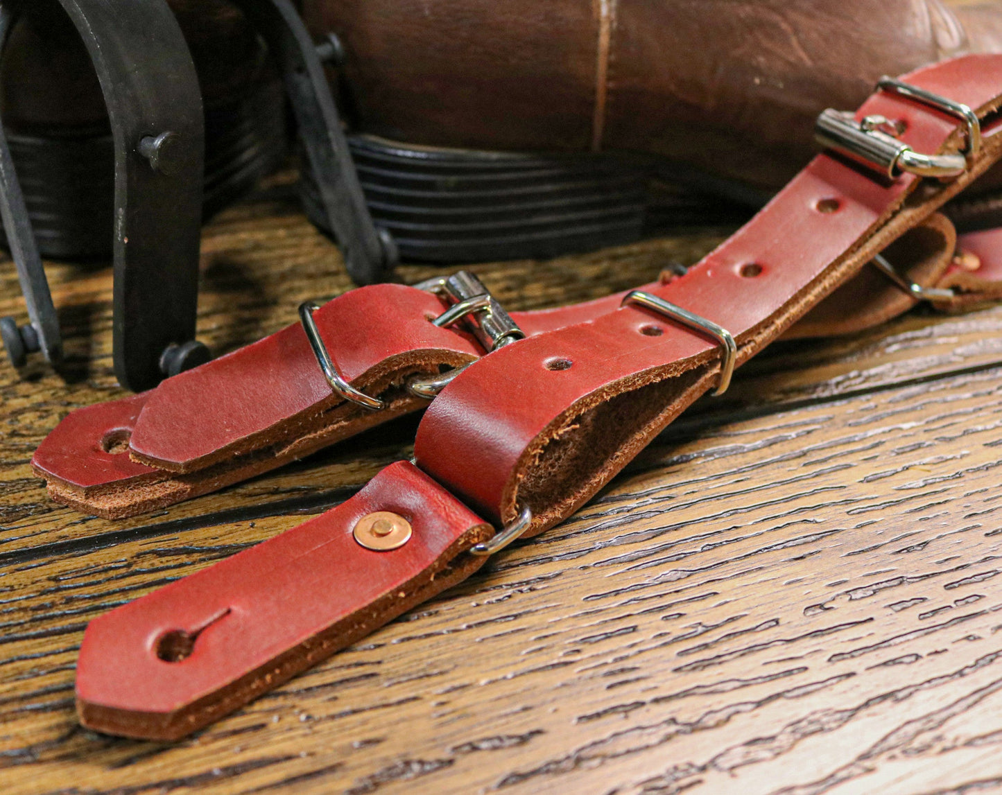 Bull Riding Red Latigo Leather Spurs Straps - M - Royal Saddles - 