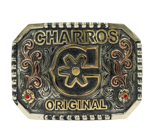 Floral Charros Original Custom Hebilla Buckle (4" x 3") - M - Royal Saddles - Belts/Buckles